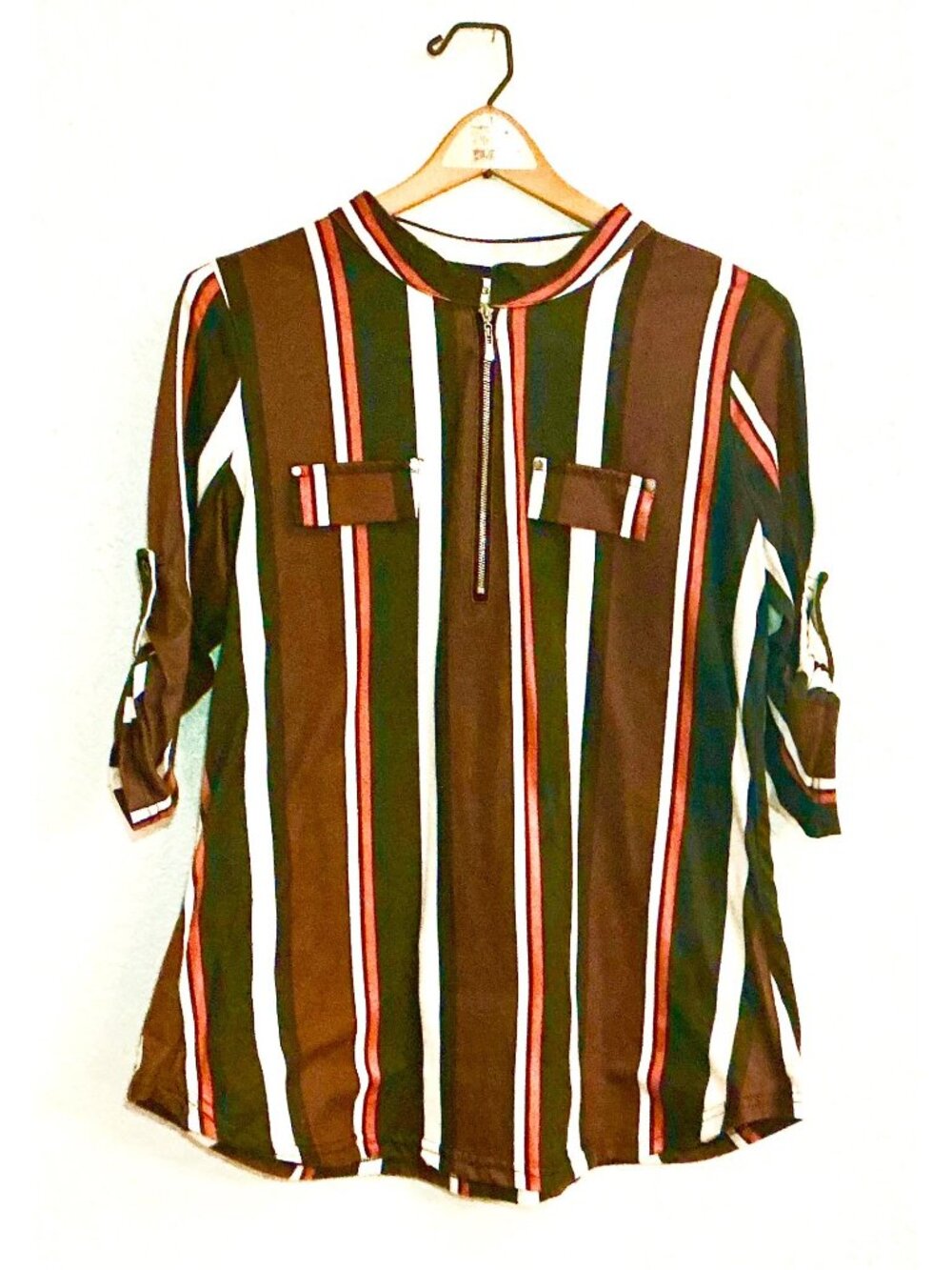 Brown & Multicolor Striped Zip-Front Blouse With 3/4 Roll-Tab Sleeves & Pocket D